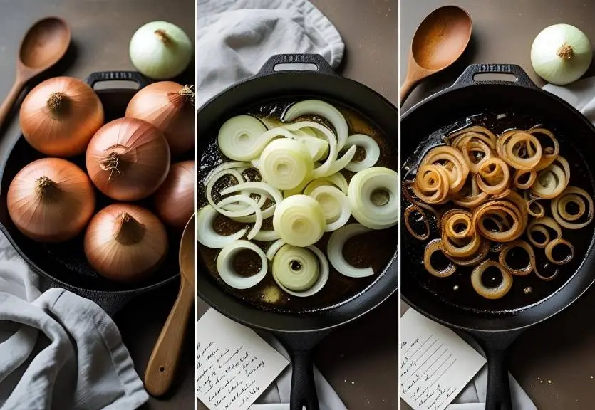 Step-by-step cast iron caramelized onions: raw Vidalias, butter melting in skillet, and golden-brown finished onions with vintage cooking tools