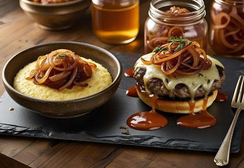 Creative ways to serve Tennessee onions: piled on cheesy grits, topping a burger, and drizzled with vinegar, styled on rustic wood with Southern charm