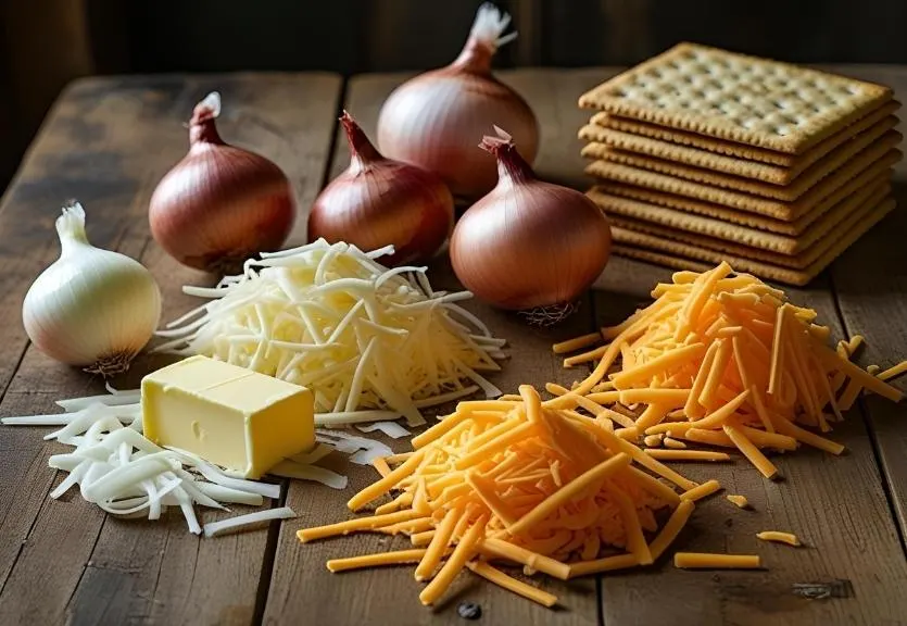 Step-by-step guide to making Tennessee onions: sliced sweet onions, shredded cheese, butter, and crackers arranged neatly with numbered cooking instructions.