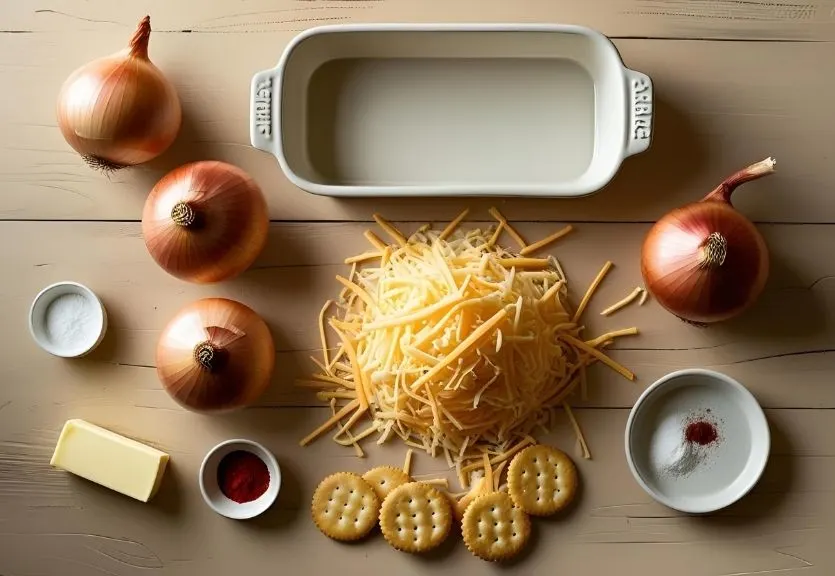 Flat-lay of Tennessee onions ingredients: Vidalia onions, shredded cheddar cheese, Ritz crackers, butter, and paprika arranged on a wooden table with a baking dish.