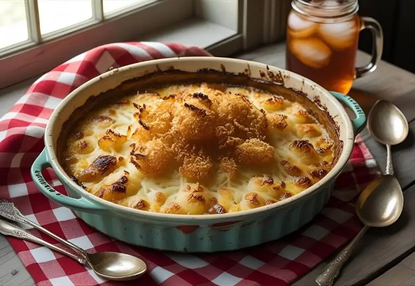 Vintage baking dish filled with caramelized Tennessee onions topped with melted cheese and crispy breadcrumbs, styled with rustic Southern decor.