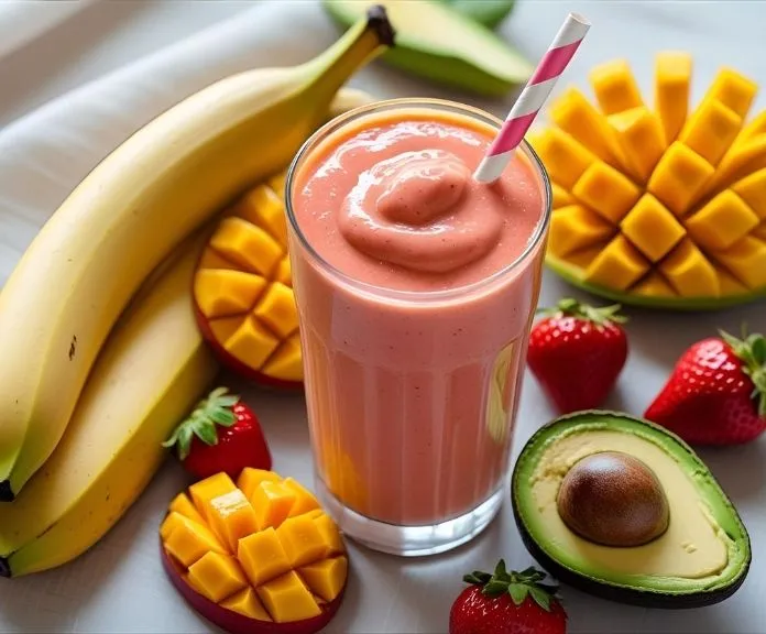 A creamy fruit smoothie without yogurt in a glass surrounded by fresh bananas, strawberries, mango, and avocado.