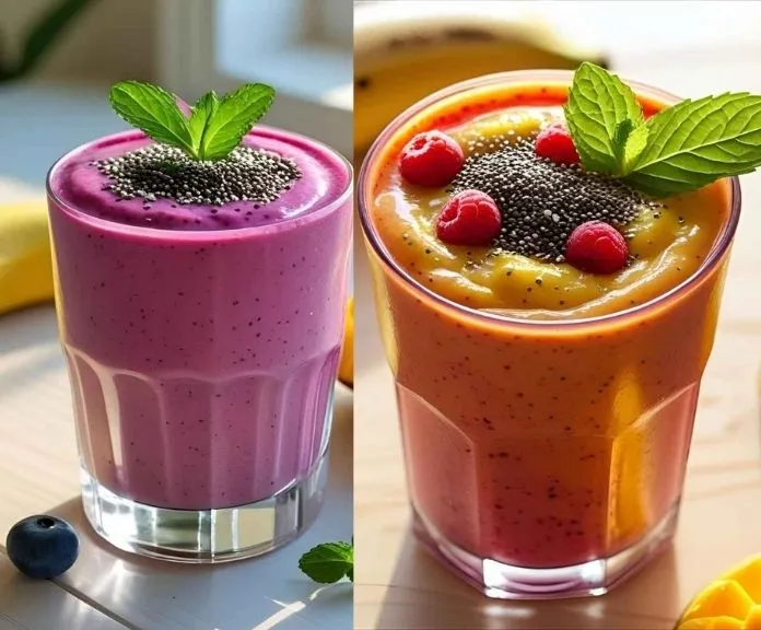 A creamy fruit smoothie without yogurt made from mango, banana, and berries in a clear glass topped with chia seeds and mint.