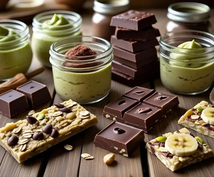 Classification of hHealthy Chocolate Recipes desserts including avocado mouses, dark chocolate fuuds, bananas oatmeal cookies, and Greek yogurt bark on a rustic wooden table.