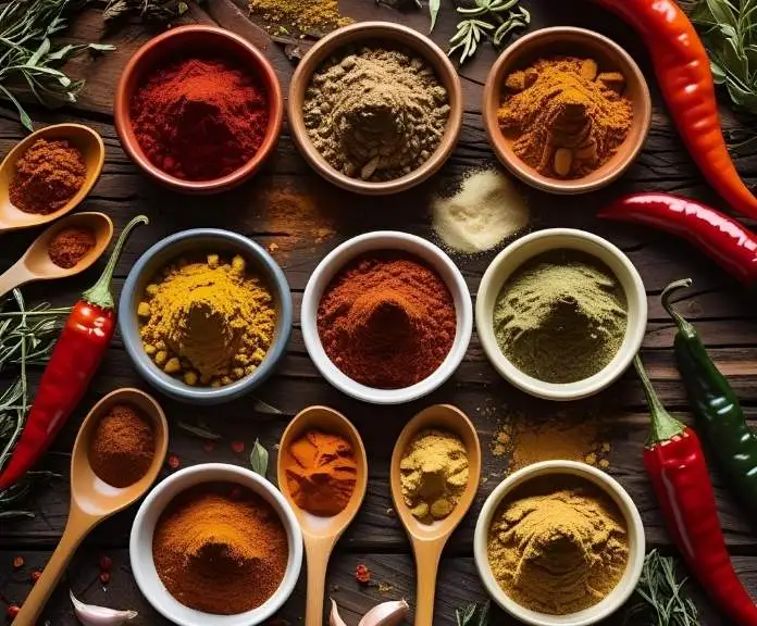 Assorted chili seasoning spices in small bowls with fresh chili peppers and dried herbs on a rustic wooden table.