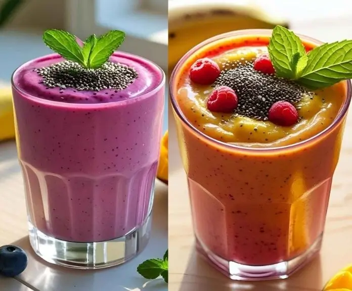 A creamy fruit smoothie without yogurt made from mango, banana, and berries in a clear glass topped with chia seeds and mint.