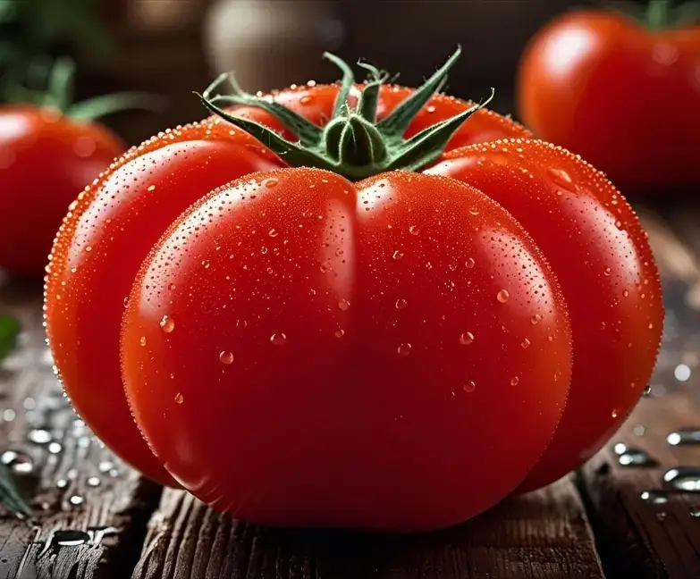 Close-up of a ripe beefsteak tomato sliced on a wooden board with fresh basil leaves, showcasing its juicy texture.