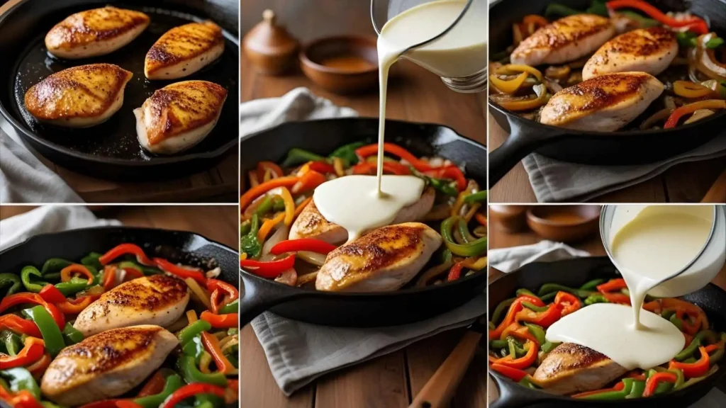 Step-by-step images of creamy chicken skillet being cooked, showing chicken, vegetables, and cream sauce in progress