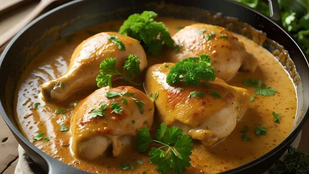 Creamy chicken skillet with seared chicken, colorful bell peppers, and fresh parsley in a rustic pan