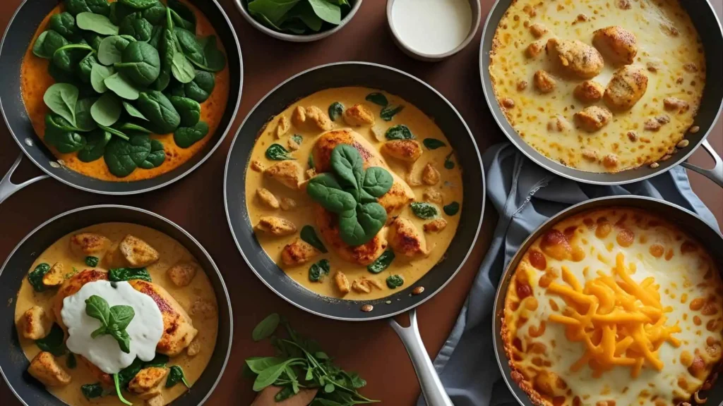 Three versions of creamy chicken skillet: with spinach, dairy-free with coconut milk, and cheesy baked variation