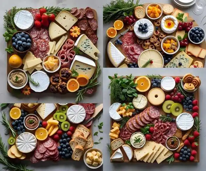 A professionally styled breakfast charcuterie board with neatly arranged cheeses, fruits, meats, pastries, dips, and decorative garnishes on a rustic wooden board with nice utensils.