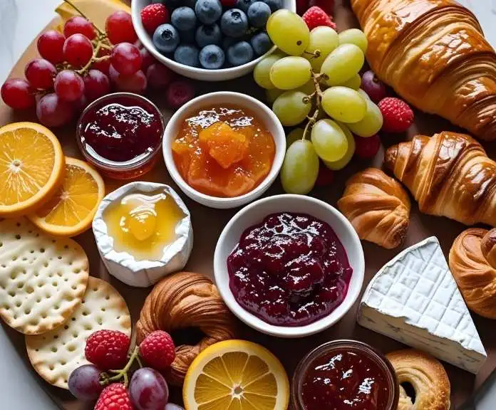A colorful breakfast charcuterie board with fresh berries, grapes, citrus slices, different cheeses, cured meats, pastries, and small bowls of jam and honey arranged beautifully on a wooden board.
