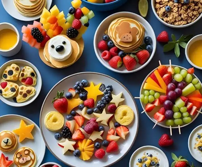 A bright table with kid-friendly mini pancakes, fresh fruit skewers, mini egg muffins, granola bowls, and fun toppings makes for a fun and colorful breakfast spread.