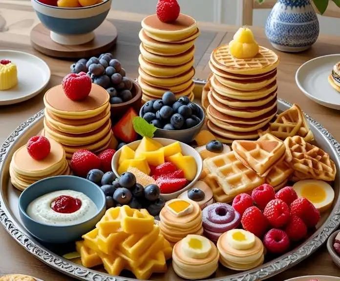 A wooden board with colorful tableware held a breakfast grazing platter full of mini pancakes, waffles, fresh fruit artfully arranged, pastries, decorative flowers, and dipping bowls.