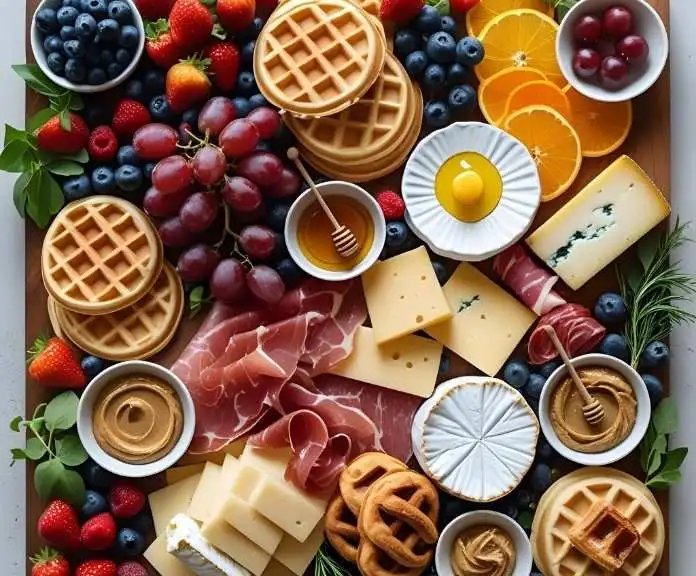 A colorful breakfast charcuterie board on a rustic wooden board with mini waffles, fresh berries, different cheeses, cured meats, pastries, and small bowls of honey and nut butter, all topped with fresh herbs.