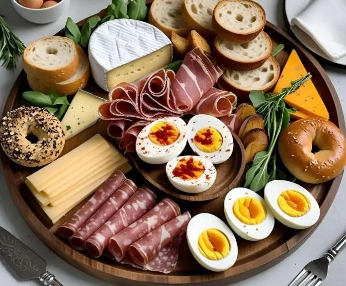 A savory breakfast charcuterie board on a wooden platter with assorted cheeses, cured meats, hard-boiled eggs, artisan breads, fresh vegetables, dips, and fresh herb garnishes.