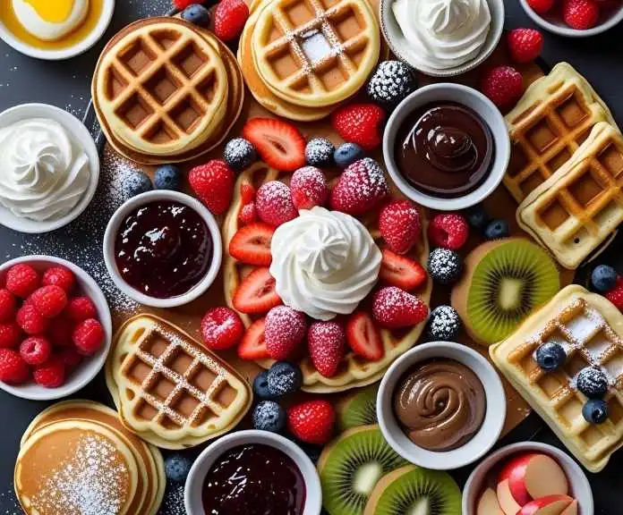 A colorful breakfast charcuterie board filled with mini pancakes, waffles, fresh berries, fruit slices, and sweet toppings.