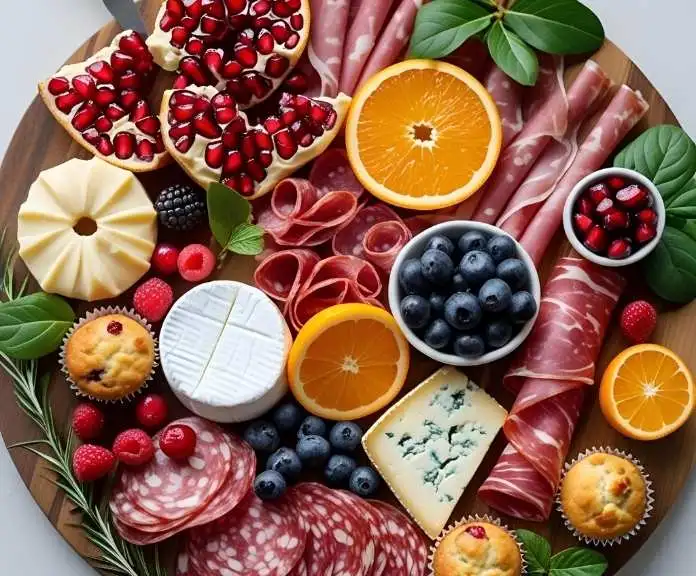 Festive brunch charcuterie board with seasonal fruits, assorted cheeses, cured meats, mini muffins, croissants, and small bowls of jams and honey, garnished with fresh herbs and edible flowers.