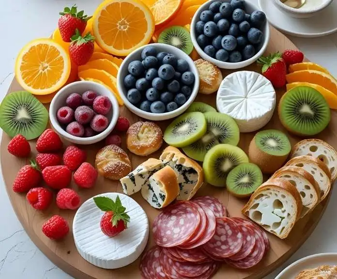 A vibrant morning charcuterie board with artisanal breads, cheeses, fresh fruits, pastries, small bowls of yogurt, granola, and nuts, artfully presented for a brunch gathering.