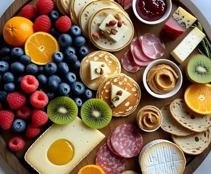 A beautifully arranged breakfast charcuterie board on a wooden platter with fresh fruits, mini pancakes, assorted cheeses, cured meats, artisan bread slices, jams, nut butters, and fresh herb garnishes.