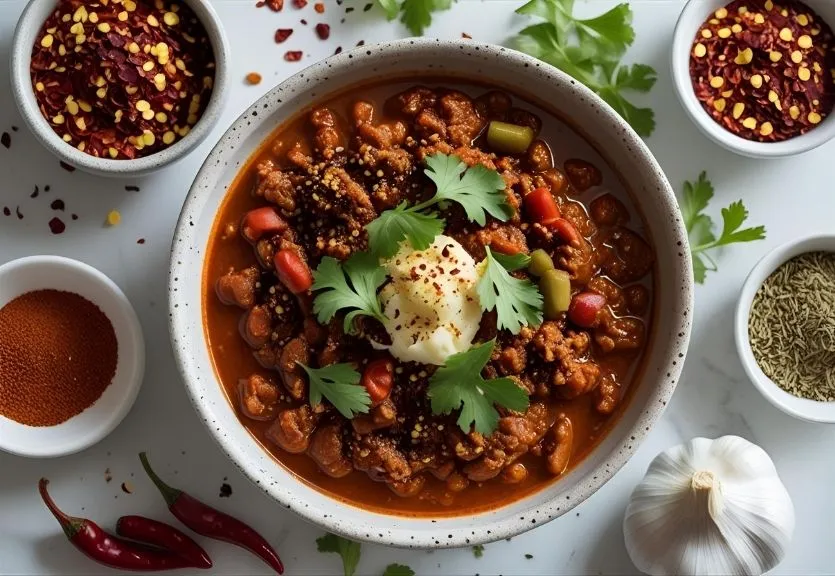 A bowl of food topped with homemade chili seasoning, surrounded by fresh spices and herbs.