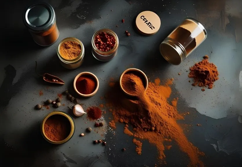 Homemade chili seasoning spices arranged in bowls on a rustic wooden table.