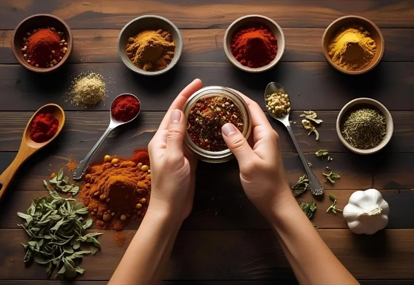 Hands mixing a homemade chili seasoning recipe blend in a glass jar surrounded by colorful spices.