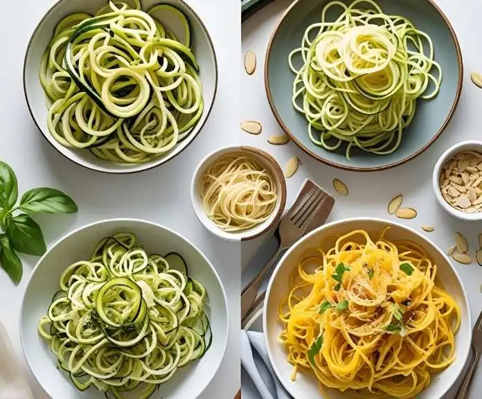 A colorful collage featuring bowls of zucchini noodles, shirataki noodles, spaghetti squash, and almond flour pasta with fresh herbs.