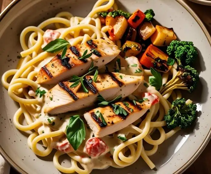 A delicious plate of low carb pasta with creamy sauce, grilled chicken, fresh herbs, and roasted vegetables.
