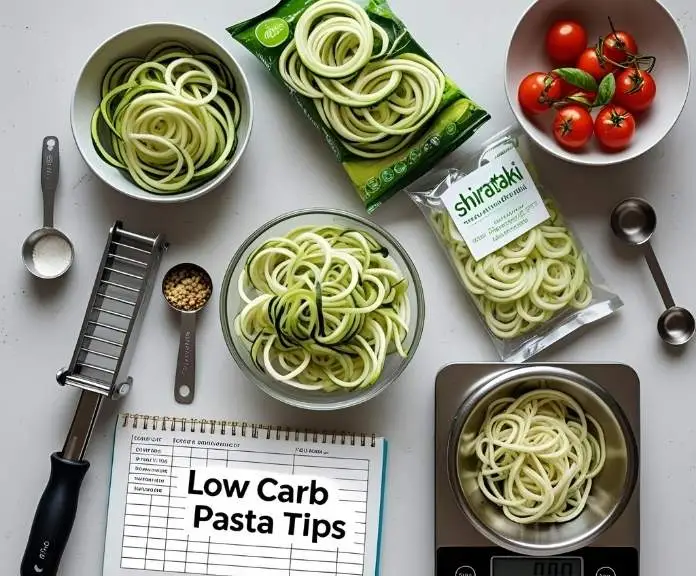 Top view of low carb pasta tools and ingredients with a checklist and spiralized vegetables on a clean kitchen counter.