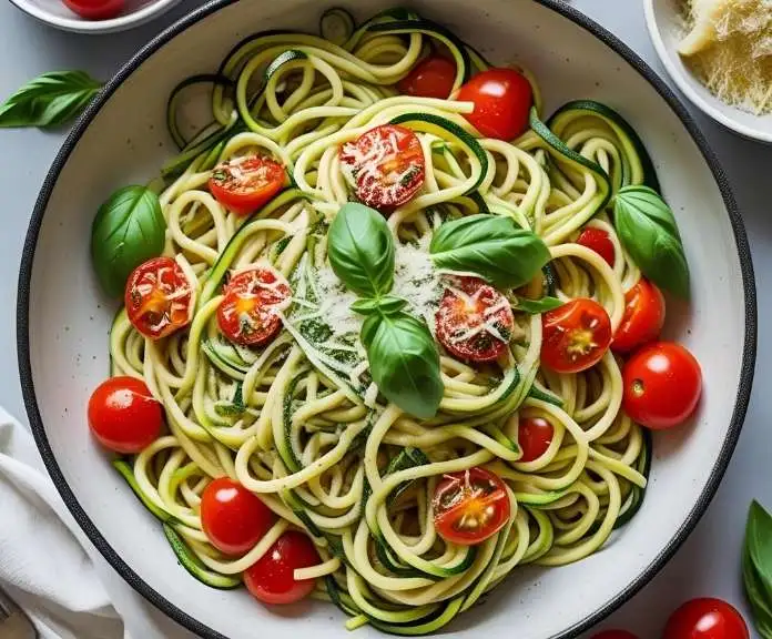 A vibrant bowl of zucchini noodle pasta with cherry tomatoes, fresh basil, and parmesan cheese, showcasing a healthy low carb meal.