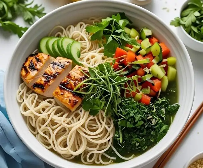A bowl of egg white noodles garnished with fresh herbs, lean protein, and colorful vegetables, showcasing a nutritious meal suitable for various diets.