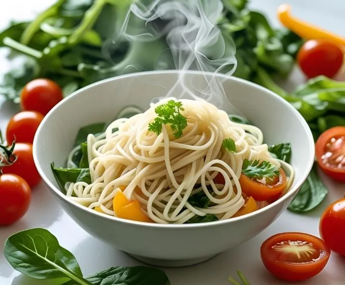 A bowl of steaming egg white noodles served with fresh vegetables, illustrating a low-calorie, healthy meal option.