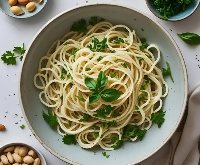 A bowl of cooked egg white noodles garnished with fresh herbs, surrounded by nutrient-rich ingredients symbolizing vitamins and minerals.