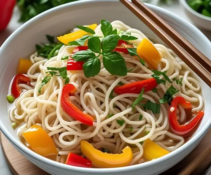 A bowl of cooked egg white noodles garnished with vibrant vegetables and fresh herbs, showcasing a healthy and delicious meal option.