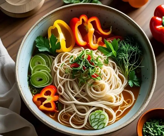 A close-up of a steaming bowl of egg white noodles with fresh, colorful vegetables like bell peppers, snap peas, and green onions on top. The photo was taken in warm, natural light.