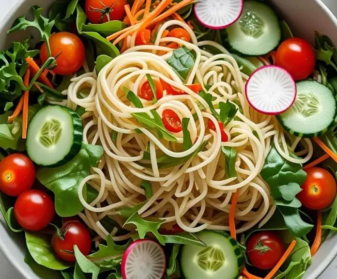 A bright salad bowl with egg white noodles mixed in with fresh vegetables like cherry tomatoes, cucumbers, radishes, greens, and carrots in bright natural light.