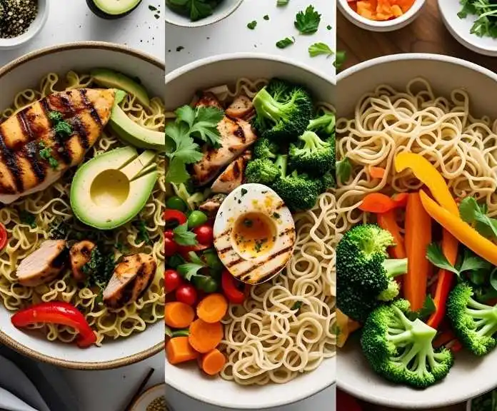 Three bowls of egg white noodles, each with a different theme for a diet: keto with chicken and avocado, plant-based with colorful veggies, and family-style with meatballs and sauce.