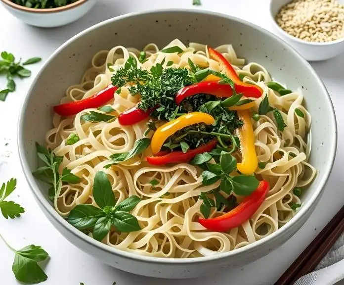 A bowl of glossy egg white noodles garnished with fresh herbs and vibrant vegetables, showcasing a healthy, high-protein meal option.