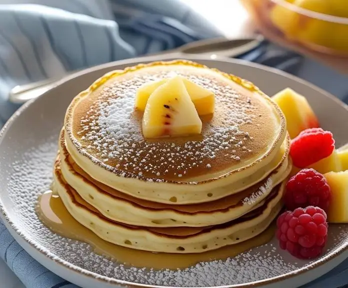 Infographic showing the steps to meal prep cottage cheese pancakes, including preparation, storage, and reheating instructions.