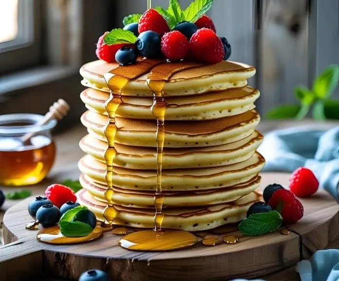 Golden stack of protein-rich cottage cheese pancakes topped with fresh blueberries, strawberries and honey drizzle on wooden table