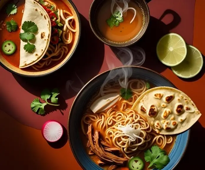 Proper birria ramen presentation with main bowl, crispy taco, and small cup of dipping consommé garnished with lime and radish