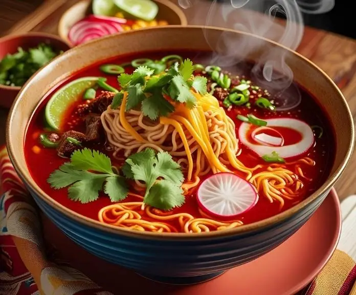 Steaming bowl of Birria Ramen with melted cheese, tender beef, cilantro, and lime in rich red broth – a fusion of Mexican and Japanese flavors.