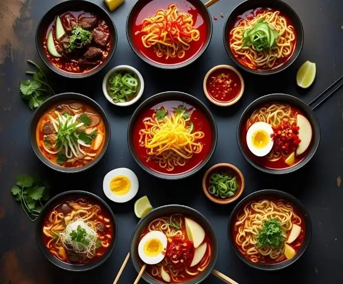 Seven creative Birria Ramen variations including cheesy, spicy, and breakfast styles, featuring rich red broth, melted cheese, and fresh toppings arranged in a circle.