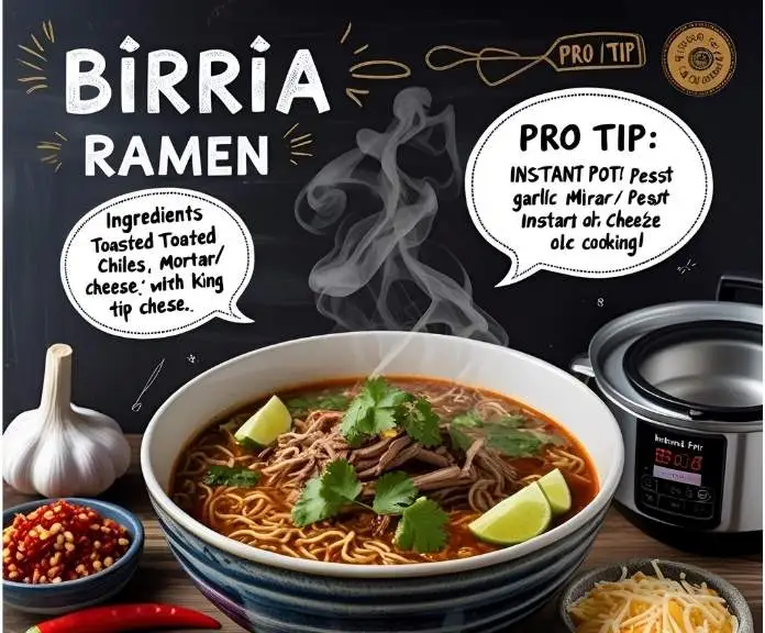 Chef's guide to perfect Birria Ramen featuring toasted chiles, broth tips, and melting cheese techniques on chalkboard-style background.