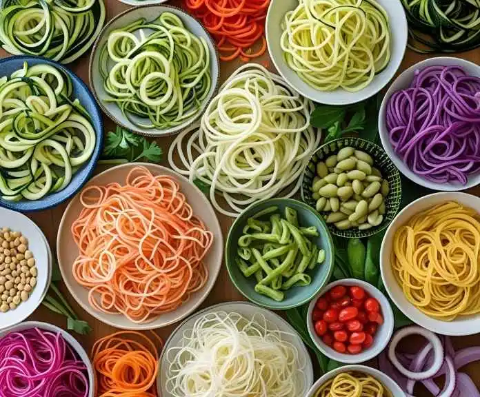 A colorful display of various low carb pasta alternatives including zucchini noodles, shirataki, and hearts of palm, arranged with fresh ingredients.