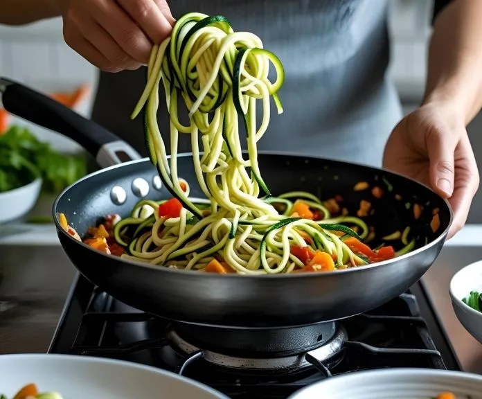 Hands preparing a vibrant low carb pasta dish in a kitchen, showcasing fresh ingredients and healthy cooking.