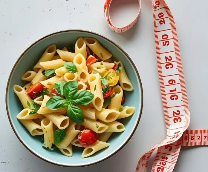 A bowl of healthy low carb pasta next to a measuring tape, representing a delicious strategy for weight management.