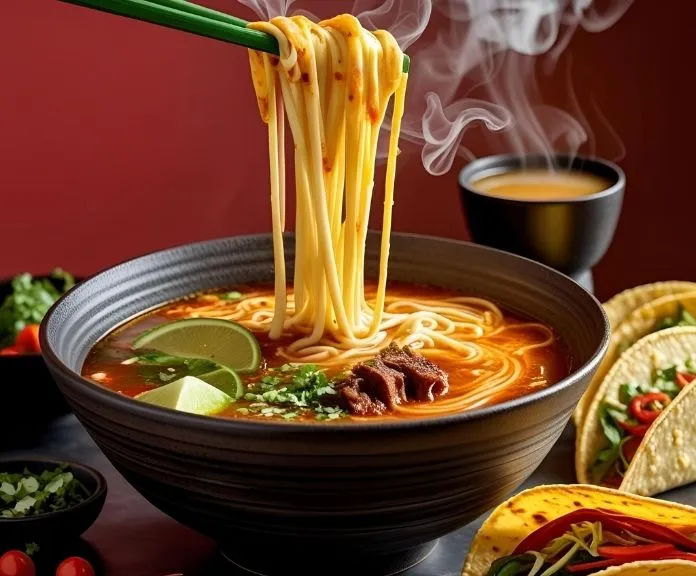 Steaming bowl of birria ramen with stretchy Oaxaca cheese, served with crispy tacos and a side of rich consommé for dipping.