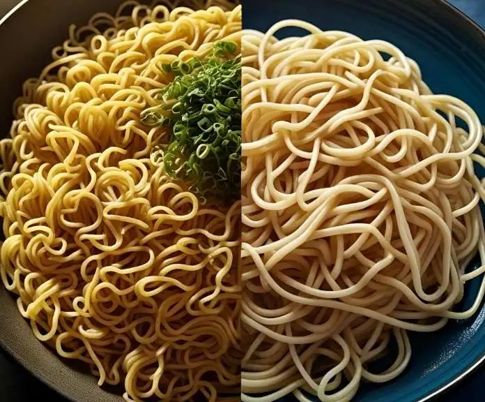 Comparison of perfectly cooked al dente ramen noodles versus overcooked mushy noodles for birria ramen, showing the importance of proper noodle texture.